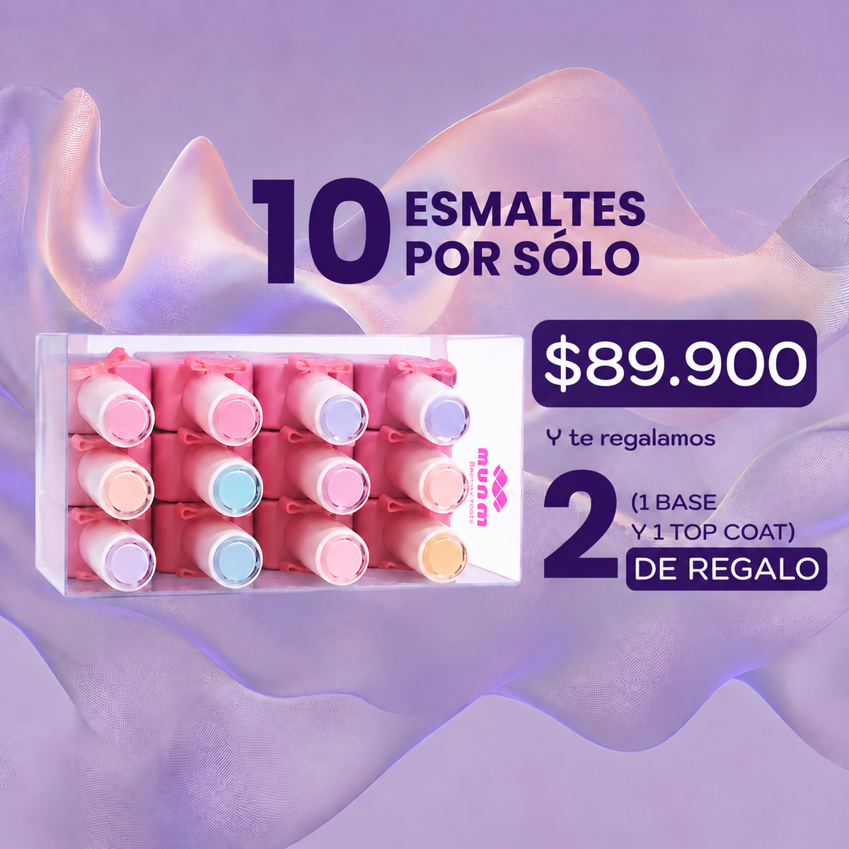 10 ESMALTES + DE REGALO ( 1 BASE Y 1 TOP COAT) + REGALO SOPRESA